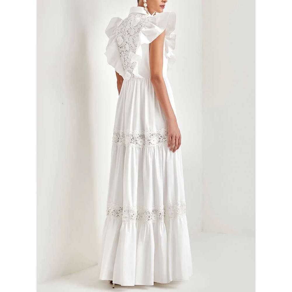 VGH Solid Patchwork Lace Elegant Dresses For Women Lapel Flying Sleeve High Waist Sliced Single Breasted Dress Female Fashion