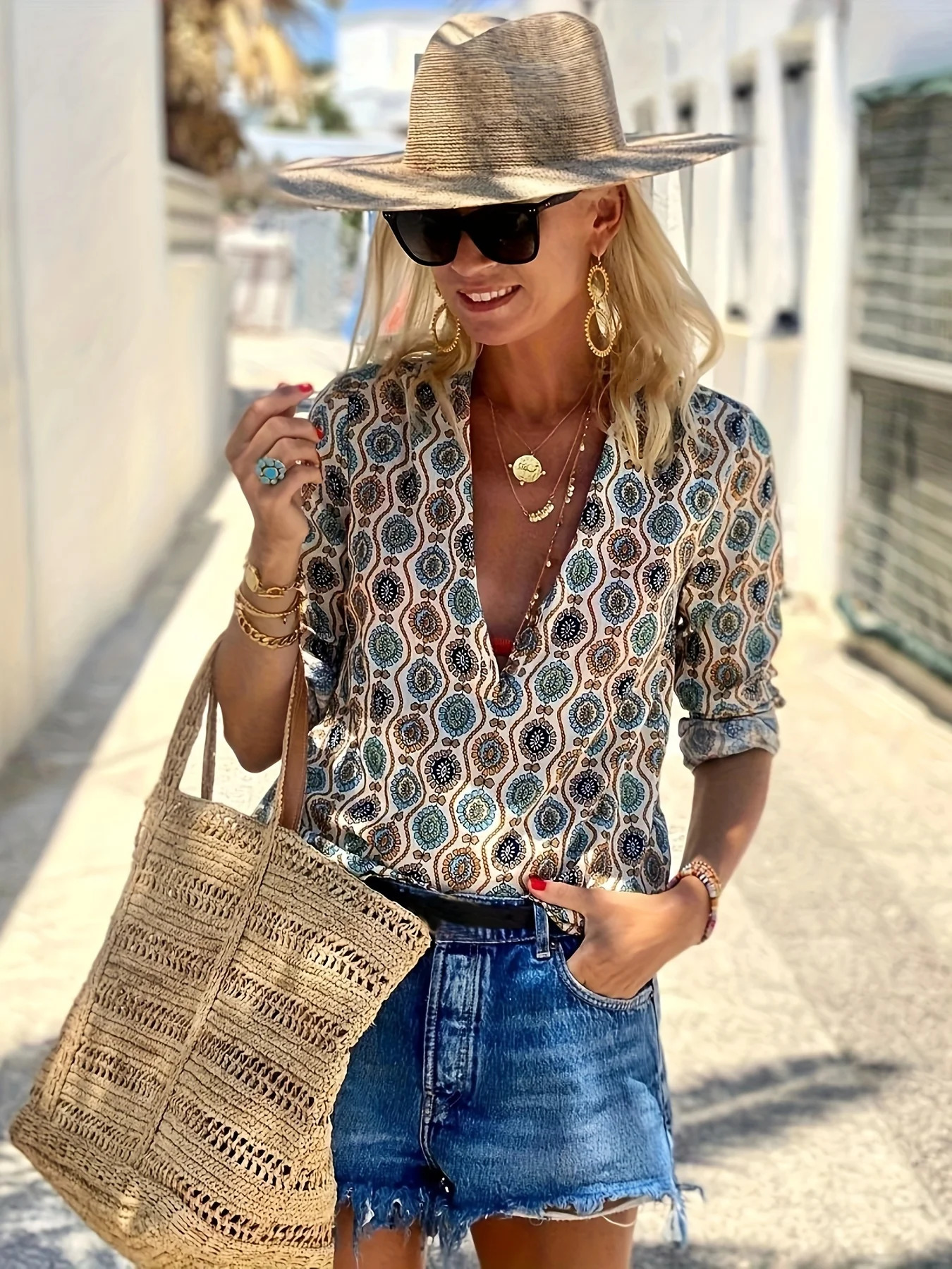 Womens Casual Long Sleeve Cuffed V Neck Blouses Plaid Print Cotton Shirts Tops 250514