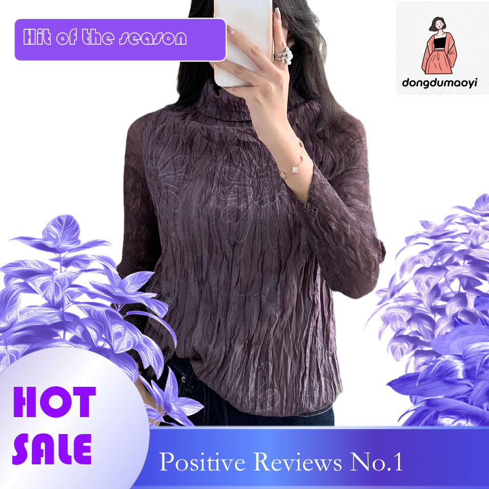 dongdumaoyi Frech high-ed embroidered base shirt, Miyake autum ad witer plus size wome's clothig, coverig the belly to show off weight, pleated T