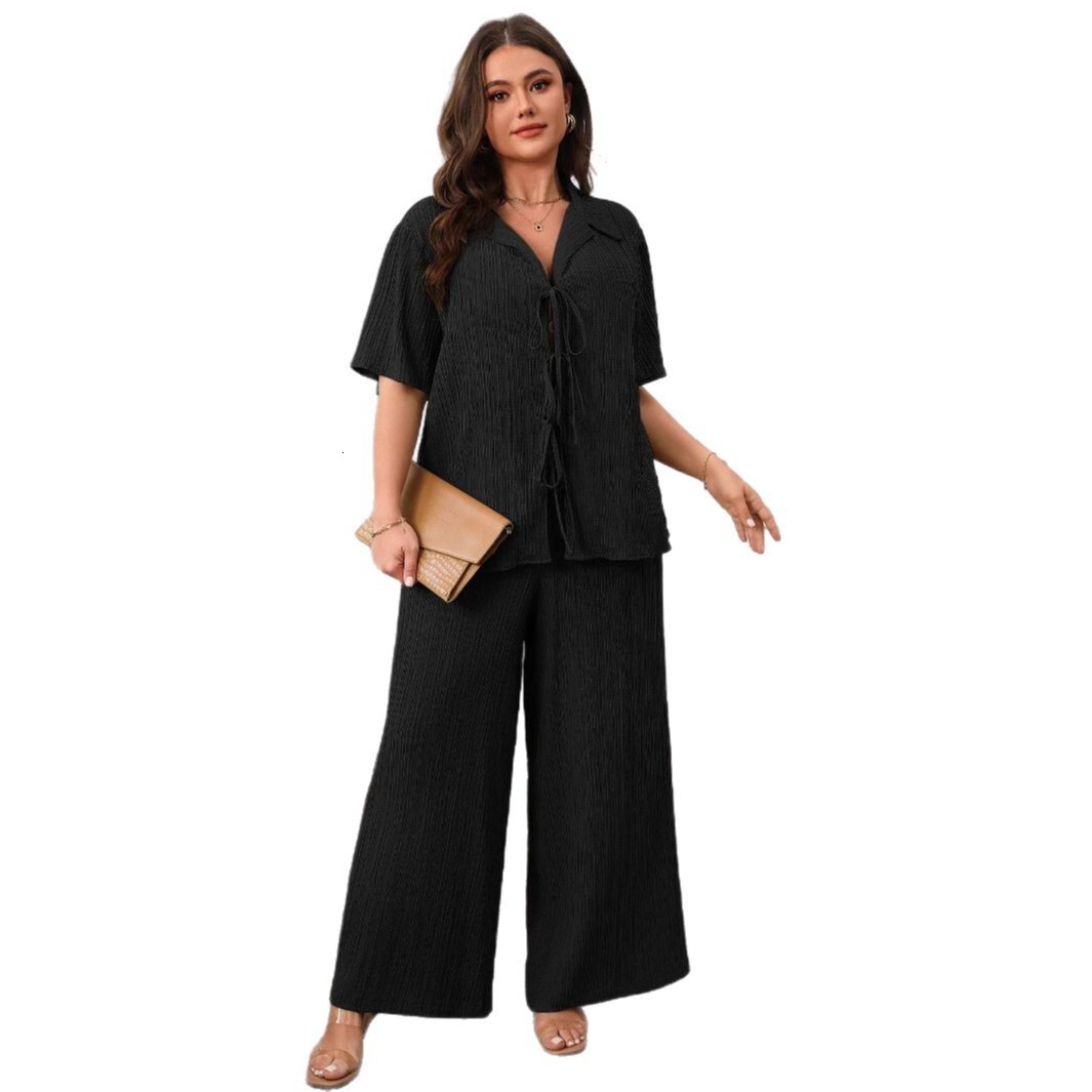 Fashion womens clothing 2025 spring and summer temperament casual short sleeved top knitted pants set