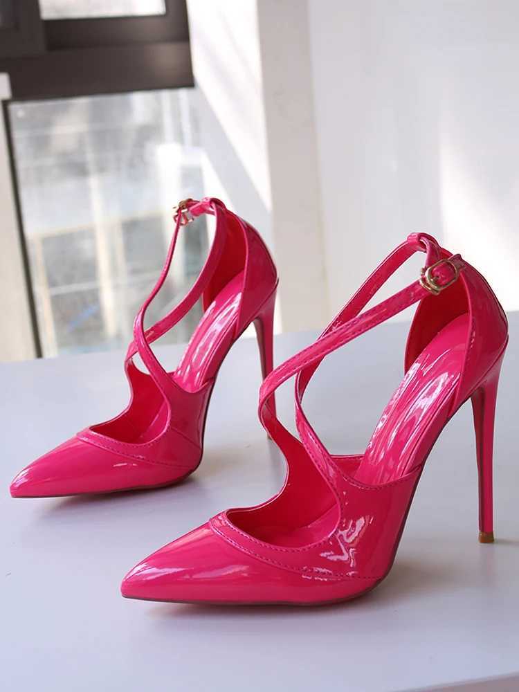 Rose red patent leather high heels ultra light lipstick sole customized size pointed cross strap sandals 12CM W250514