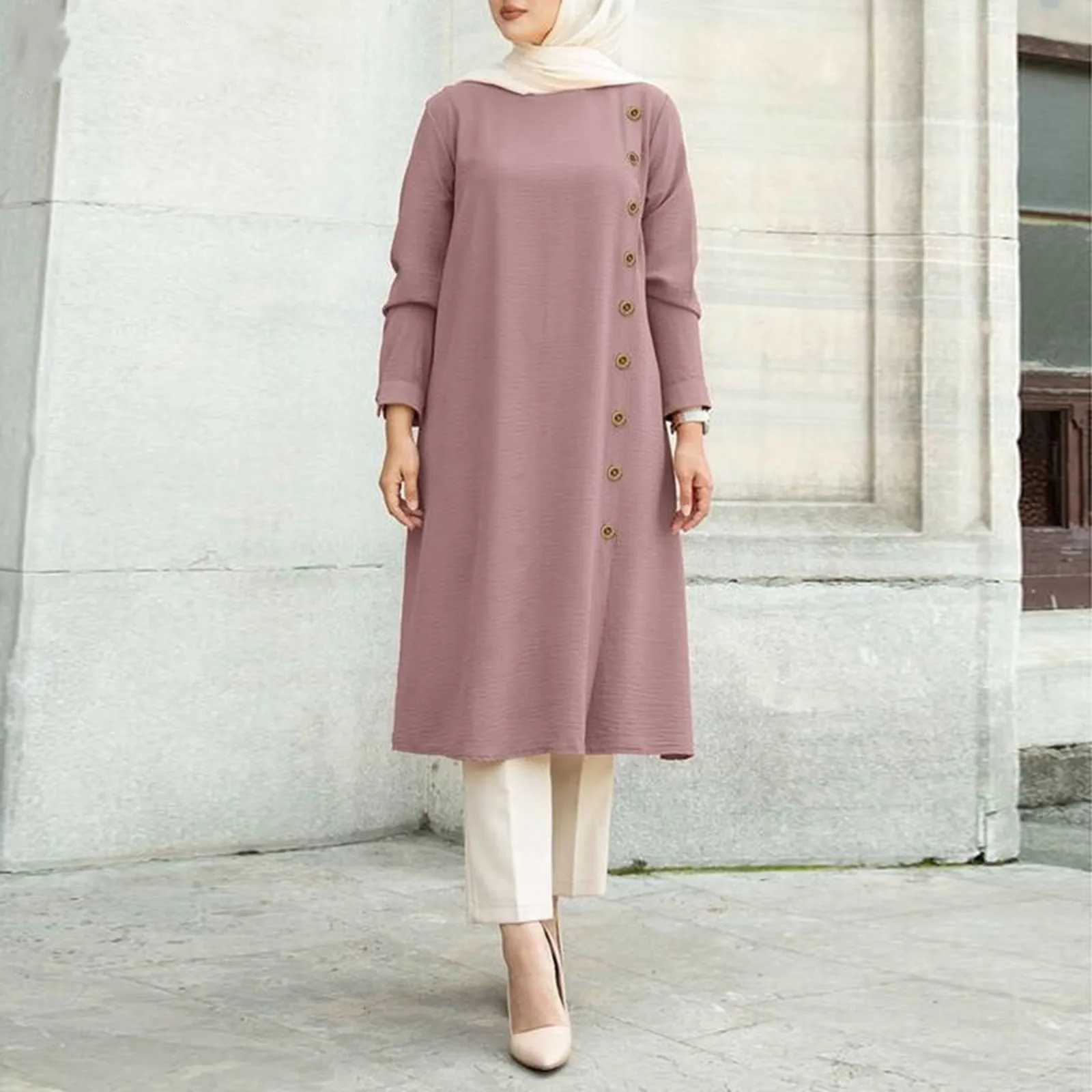 Arab Women Muslim Long Slve Blouse Dress Casual Loose Blouse Shirts Tops Tunic Loose Chemise Morocco Turkish Solid Dress X250514