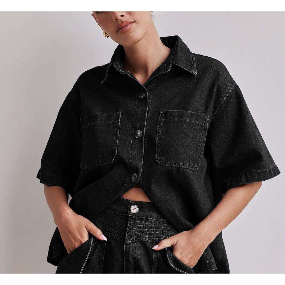 2025 Summer Womens Casual Loose Shirt Shorts Set Denim Women Long Washable High Elasticity Non-ironing New Pattern Versatile New Arrival New Product