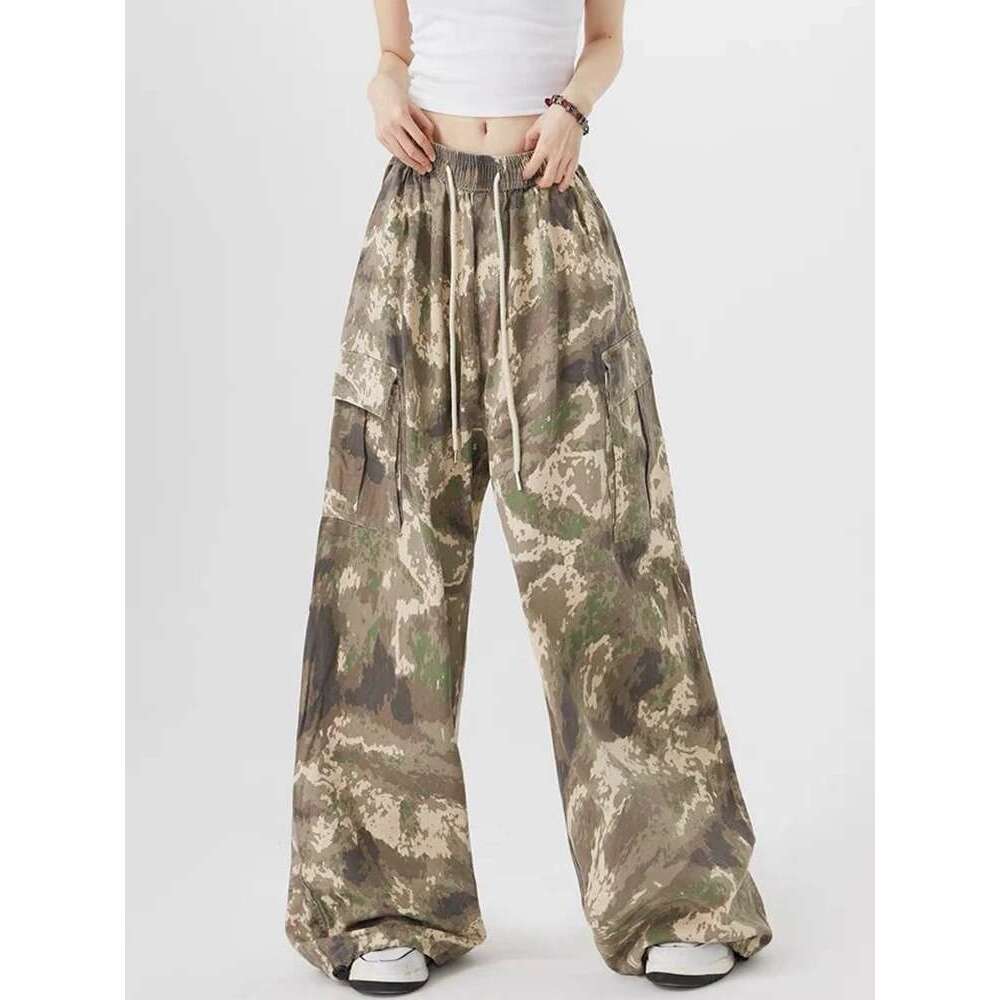 Zoki Streetwear Camouflage Cargo Women High Waist Y2K Haruku Wide Leg Trousers Vintage American Pockets Lace Up Pants