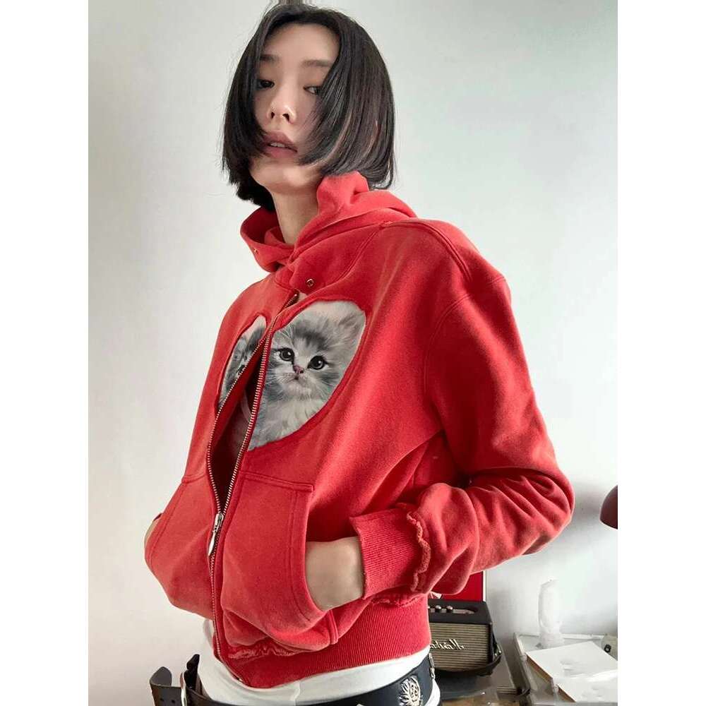 Y2k Retro Old Love Kitten Splicing Hoodie Temperament Hundred With Short Woman Sweatshirts 2024 Winter New Designer