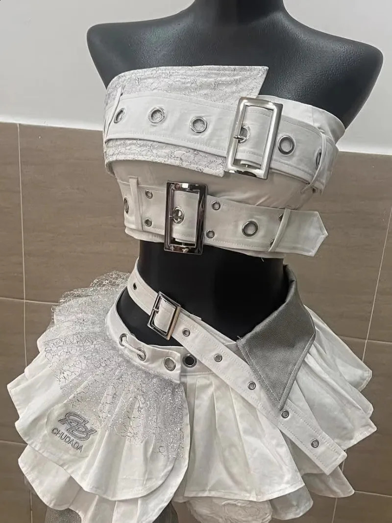 Japanese Sweet White Punk Style Y2k Tube Top Splicing Lace Irregular Tutu Sexy Two-piece Set For Girls 250513