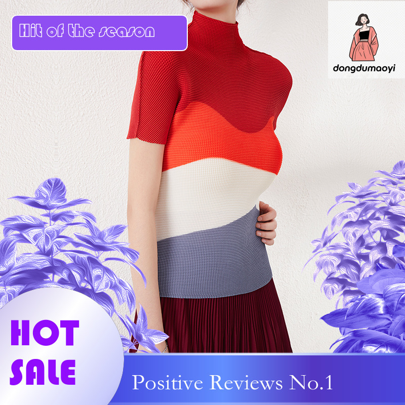 dongdumaoyi Miyake summer thin short sleeved top, slim fit and slimming, elastic pleated printed casual T-shirt, small shirt, women's clothing