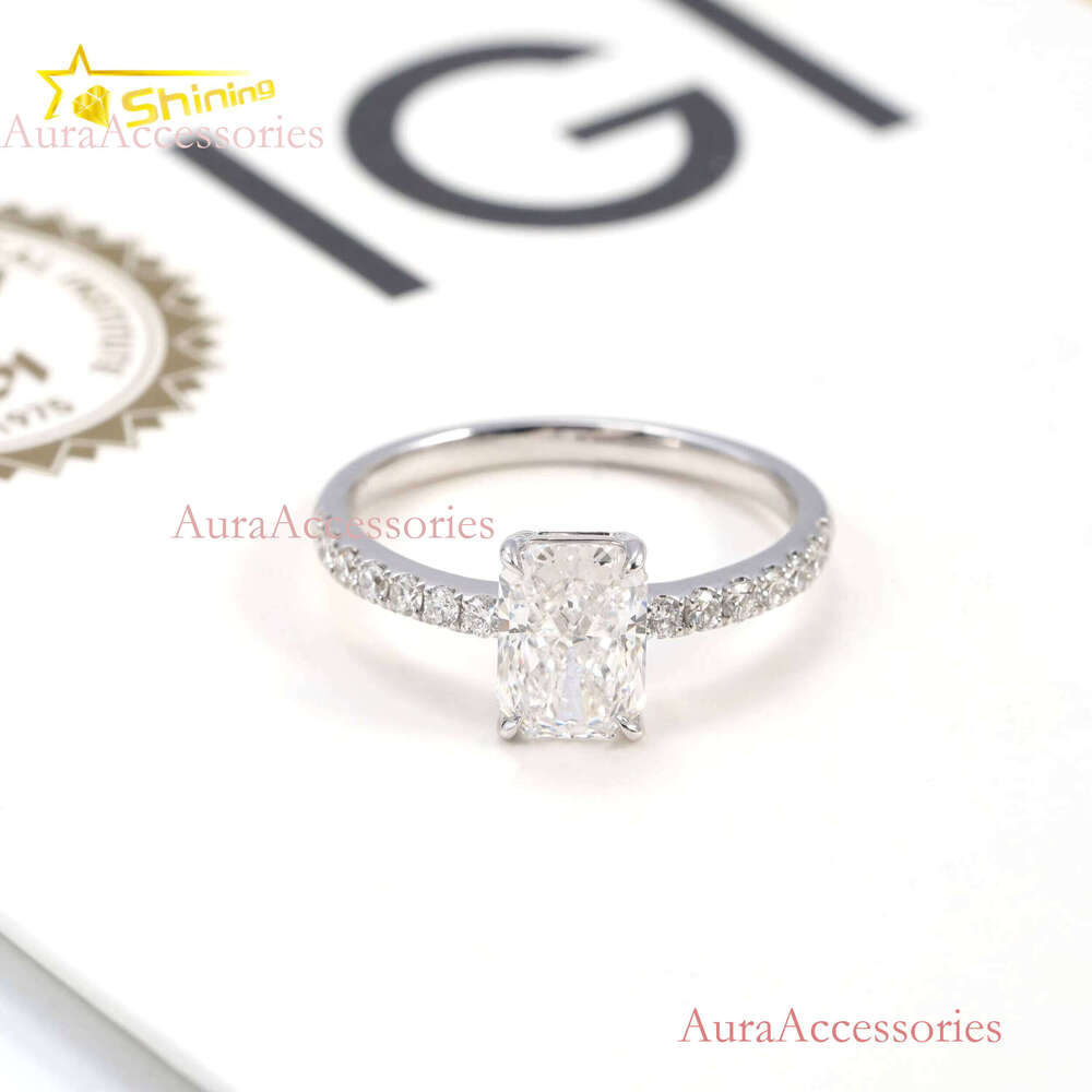 Real Solid White Gold Radiant Cut Lab Grown Half Band Eternity Dia Ring Fine Jewelry for Women Daily Use Wear