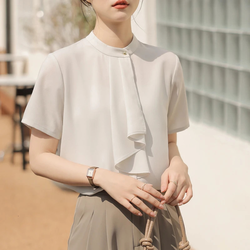 Elegant Spring Summer Ribbon Collar Womens Blouses Short Sleeve Oneck Casual Loose Office Lady Shirts for 250514