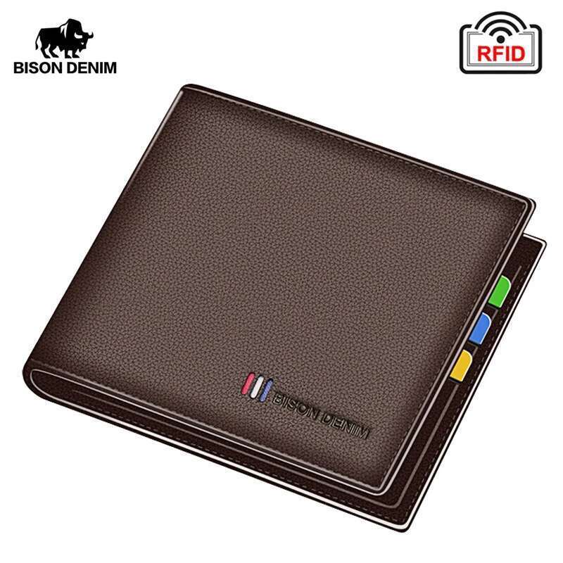 BISON DENIM 100% Cow Leather Small Men Bifold Credit Card Holder Wallet RFID Blocking Purse Best Gift Male Pocket Bag