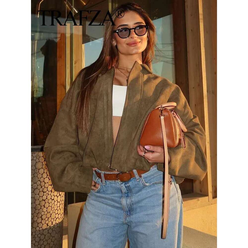 TRAFZA Fashion Women's Soft Leather Jackets Shorts Set Zipper Bomber Jacket+Summer Pocket Suede Texture Short Pants