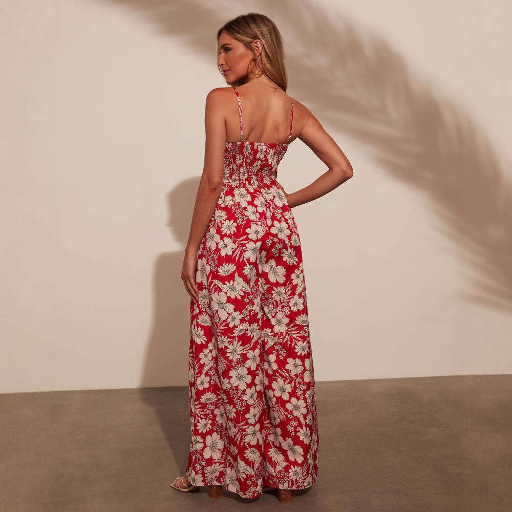 Designer Dresses Goth Dresses Summer Dresses for Women 2025 New Womens High Waist Vacation Style Flower Printed Strap Jumpsuit for Women