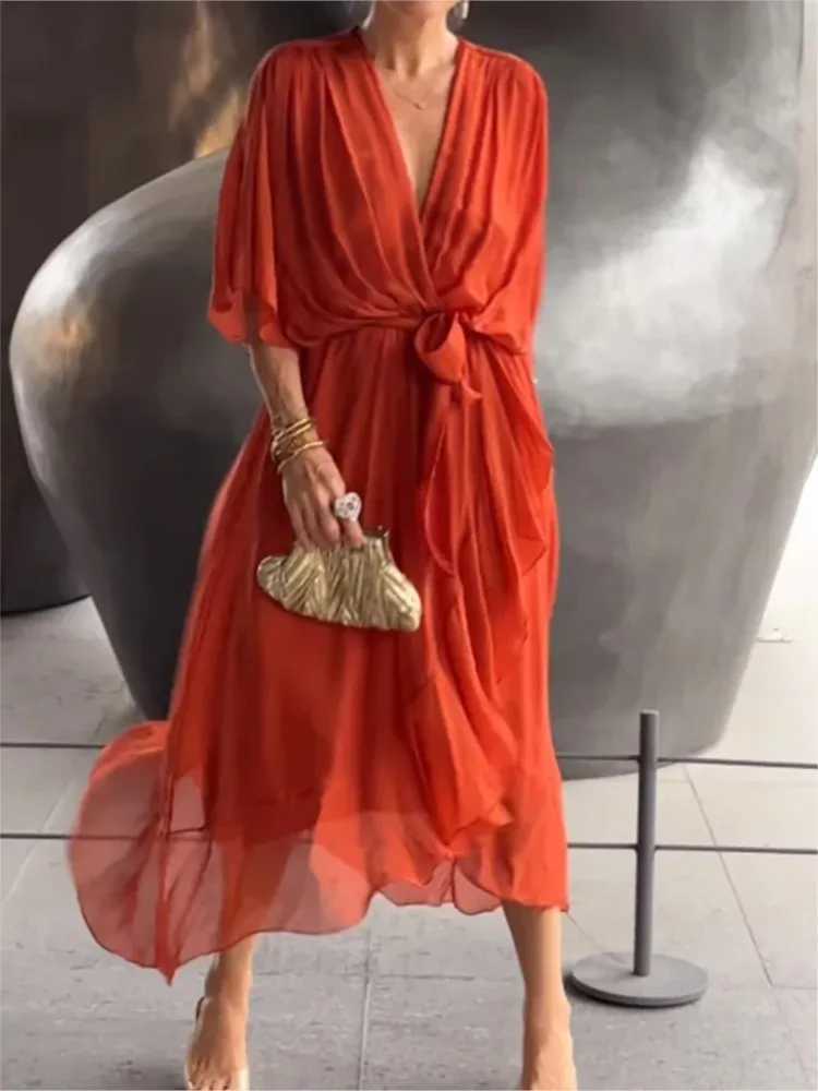 For Womens Beach Solid Color Lace-up Long Dress Spring Summer New Fashion Casual Bat Sleeve Irregular Elegant Female Dress 2025XJ250514