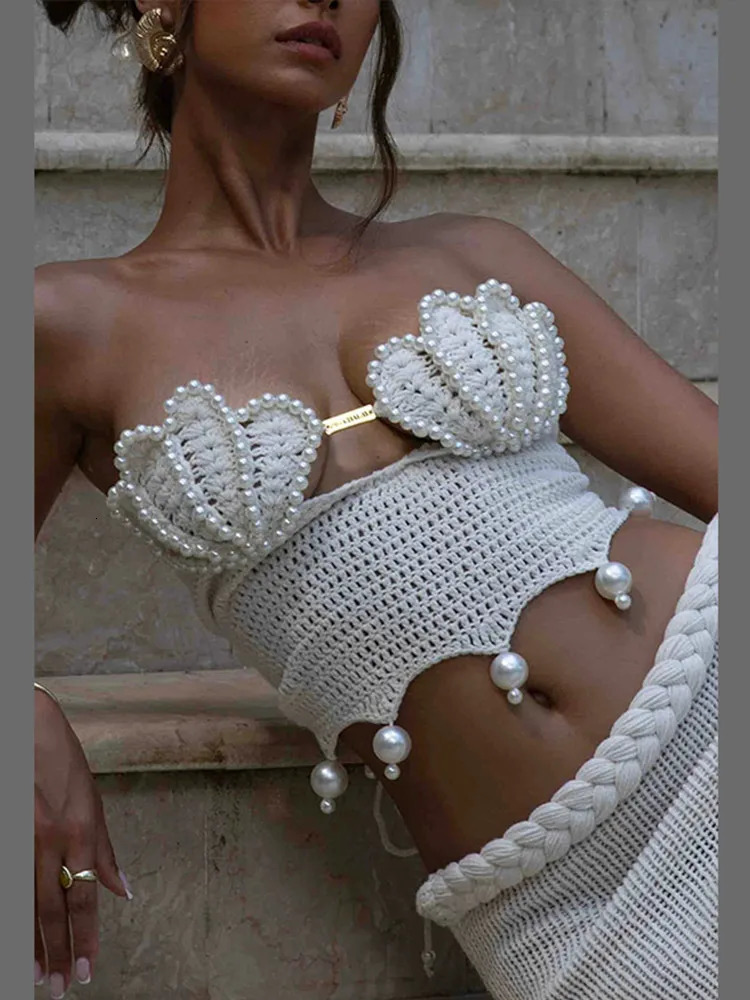 Pearl Decoration Strapless Knitted Set Woman Shell Shaped Irregular Hem Tube Top Solid Color Long Skirt Chic Womens Beach Suits 250513