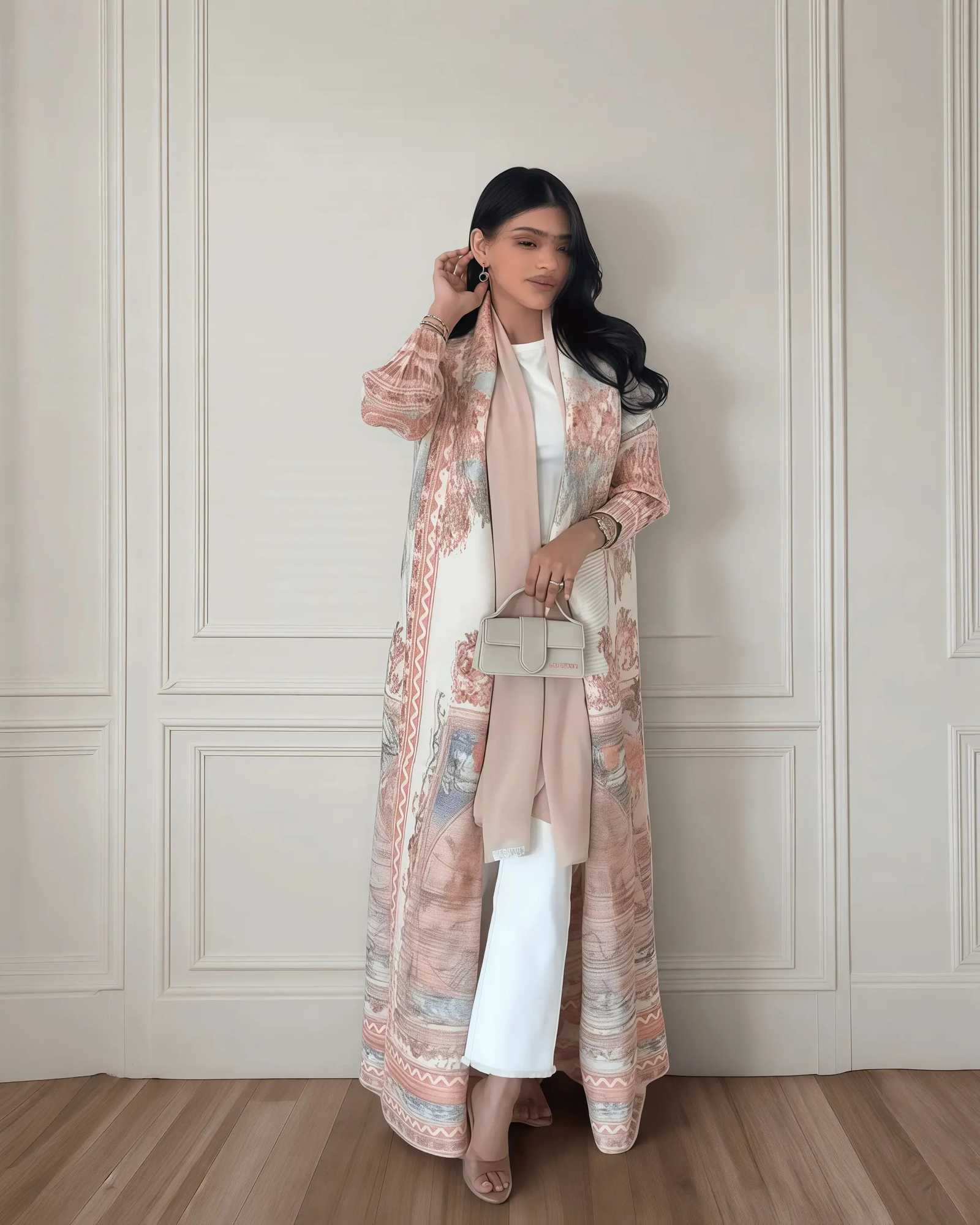 Autumn Womens Long Coat Retro Printed Long Slved Muslim Abaya Saudi Fashion Wrinkled Waist Belt X250514