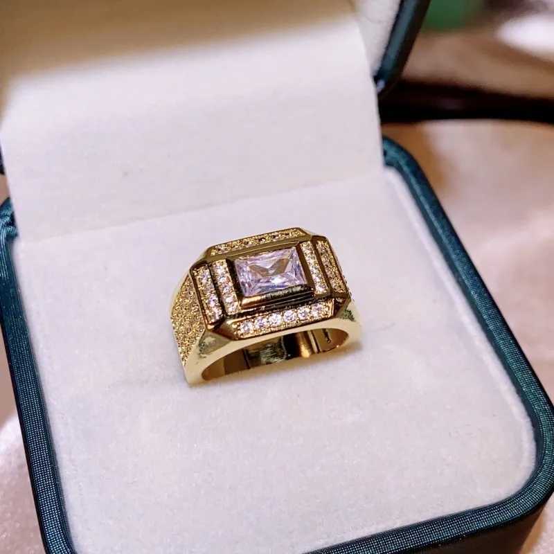 New Yellow Gold Rectangular Diamond Luxury Large Diamond Ring Male Ring 925 Stamp With Diamond Ring Party Birtay GiftXJ250514