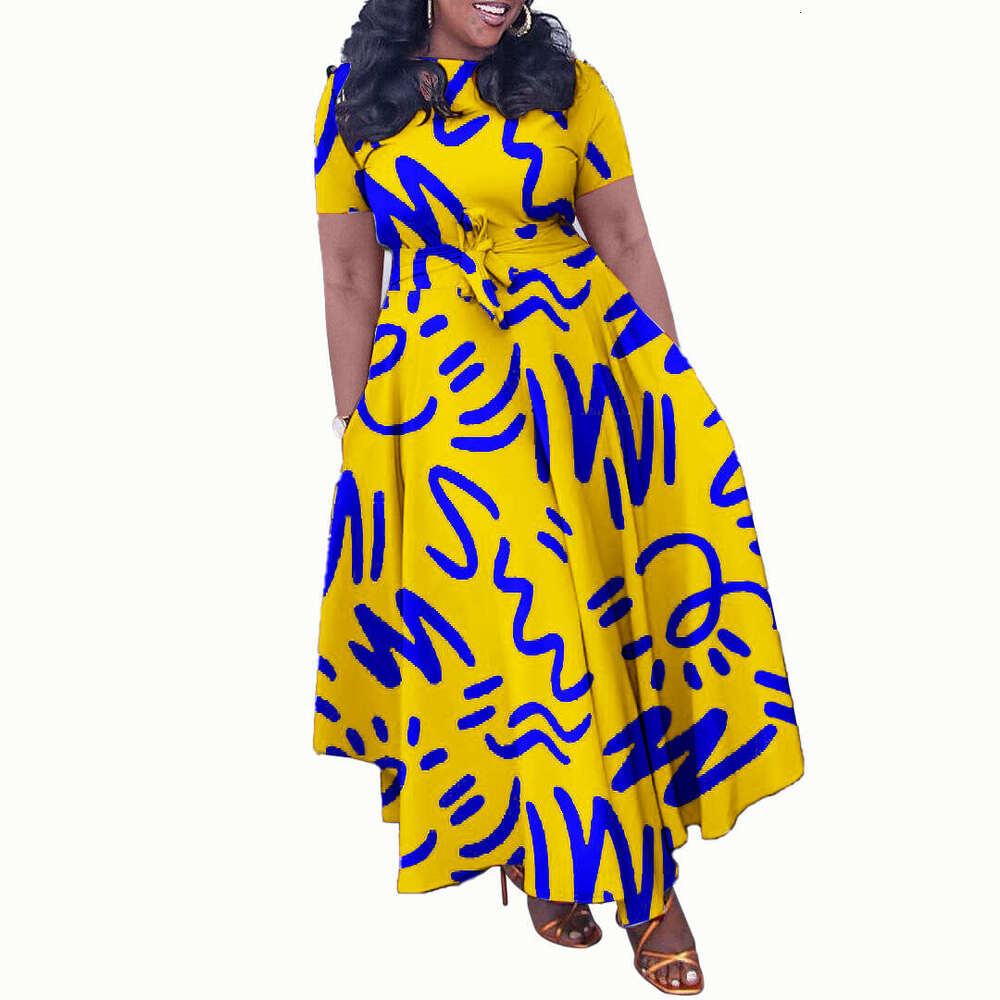 Women's Wear D3323 Women's Clothing New Fashionable Temperament Lace Up Printed Short Sleeved Big Swing Dress