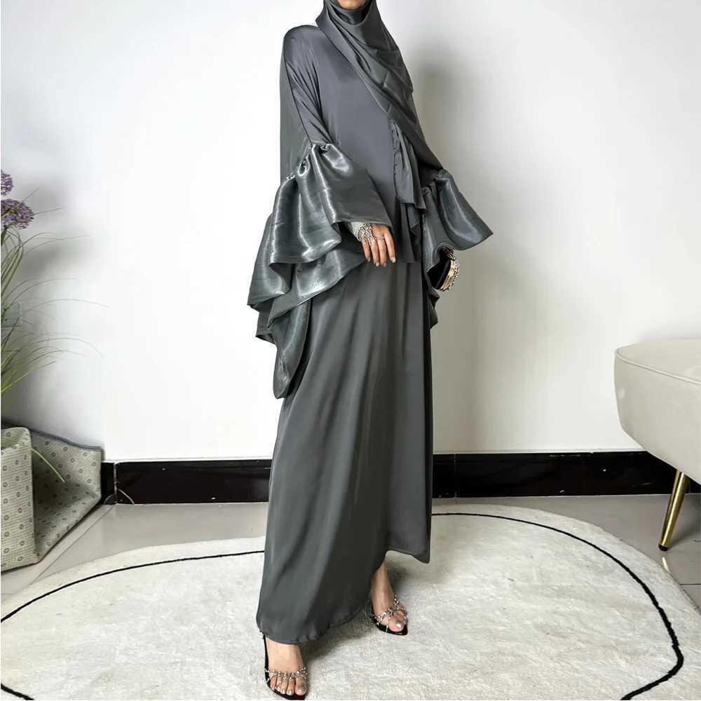 2025 Eid Muslim Abaya Dubai Elegant Ruffle Slve Evening Dresses Arab Satin Robe Moroccan Maxi Islamic Turkey Clothes Kaftan Ramadan X2505141