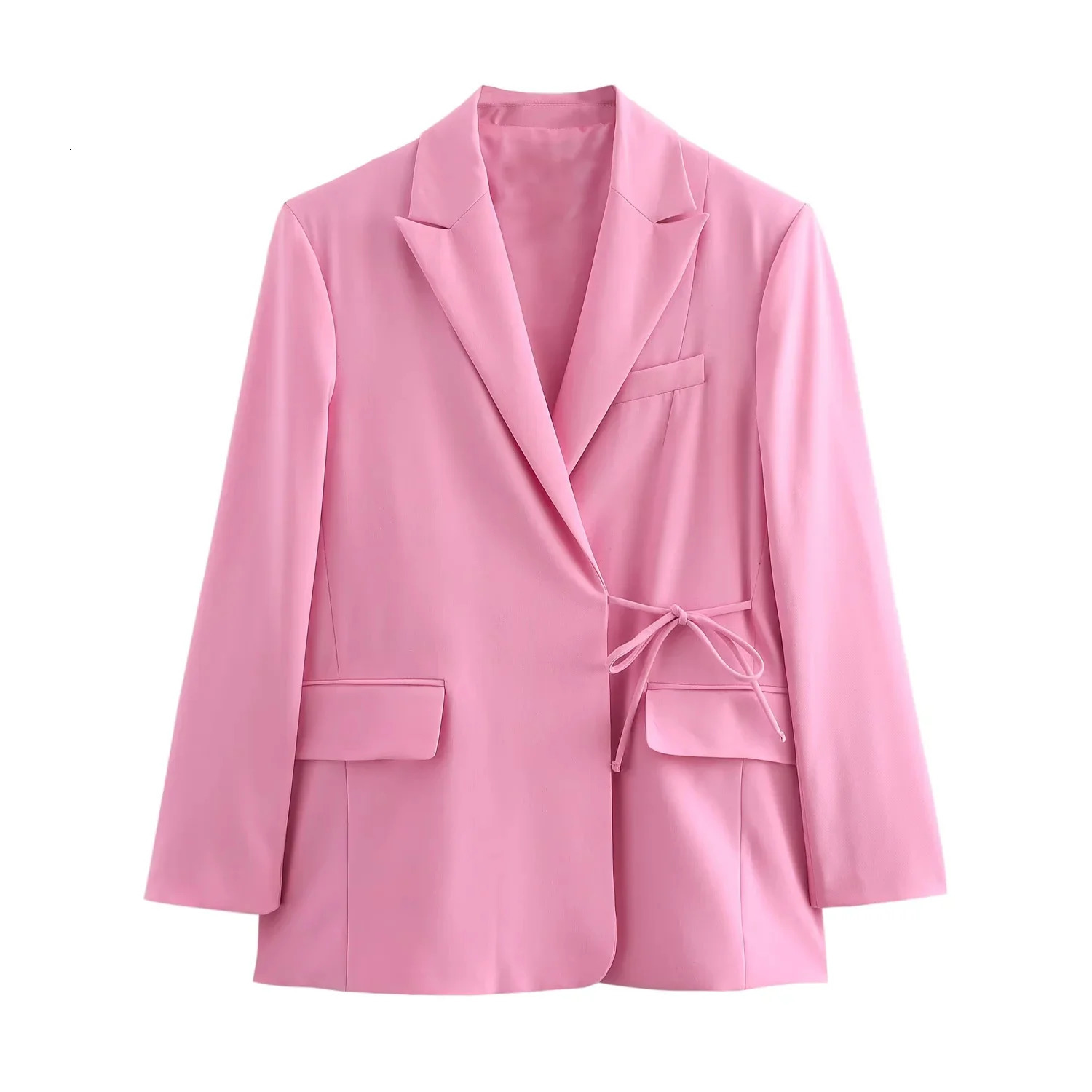 TRAFZA 2025 Spring Summer Office Lady Elegant Blazers Fashion Casual Solid Pink Lace Up Shrug Straight Chic Women Blazers 250513