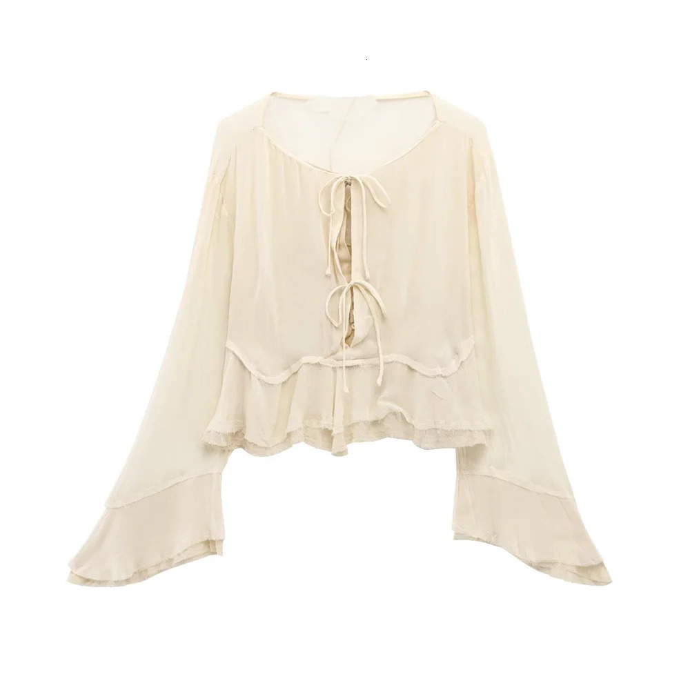 Taop Za womens spring and summer round neck flared sleeve ruffle collar lace up layered decoration shirt 250514