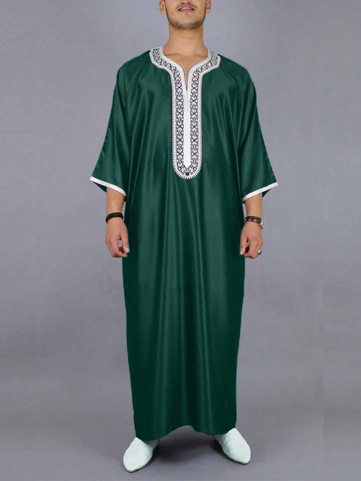 New Moroccan Green Arab Robe for Men Traditional Islamic Casual Clothing Embroidered Muslim Robe X250514