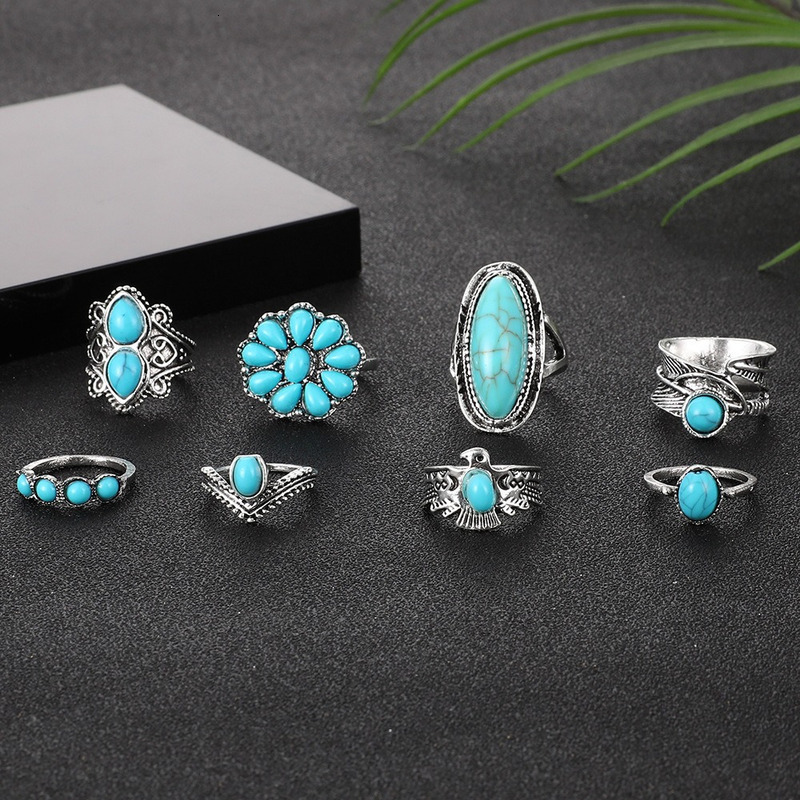Hot selling Wind Owl Feather Leaf Turquoise 8-piece Set Ring