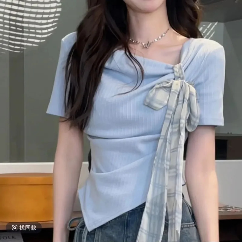Womens Clothes Summer Korean Fashion Simplicity Allmatch Fashionable Drawstring Solid Color Oneck Short Sleeve Cotton Cardigan 250514