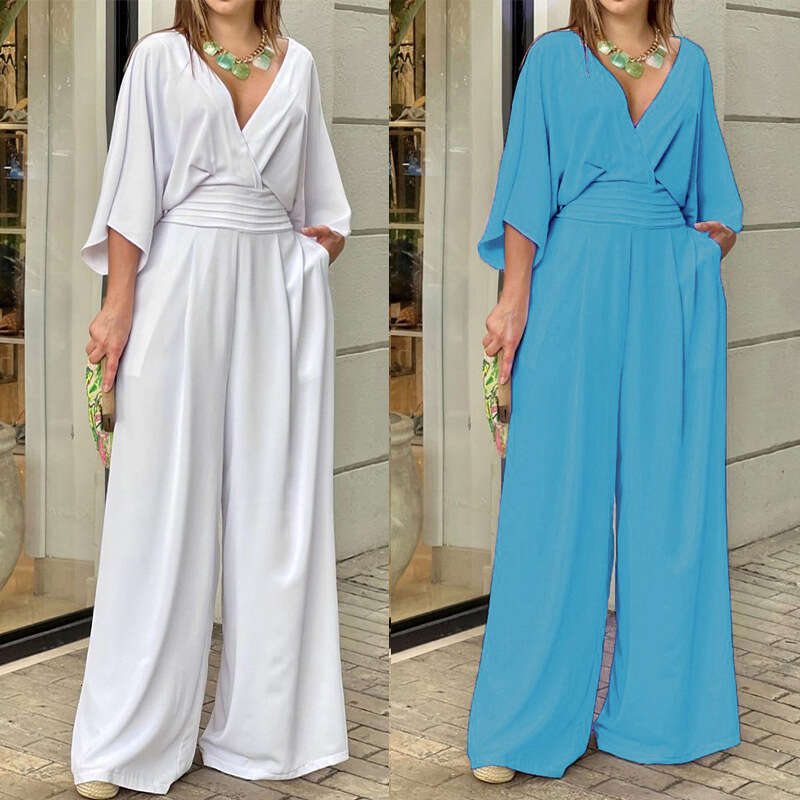 2025 Winter Elegant Clothing Womens Fashion Solid Color Ins Short Sleeve Casual V-neck Jumpsuit Fashionable Leisure and Leisure Printing