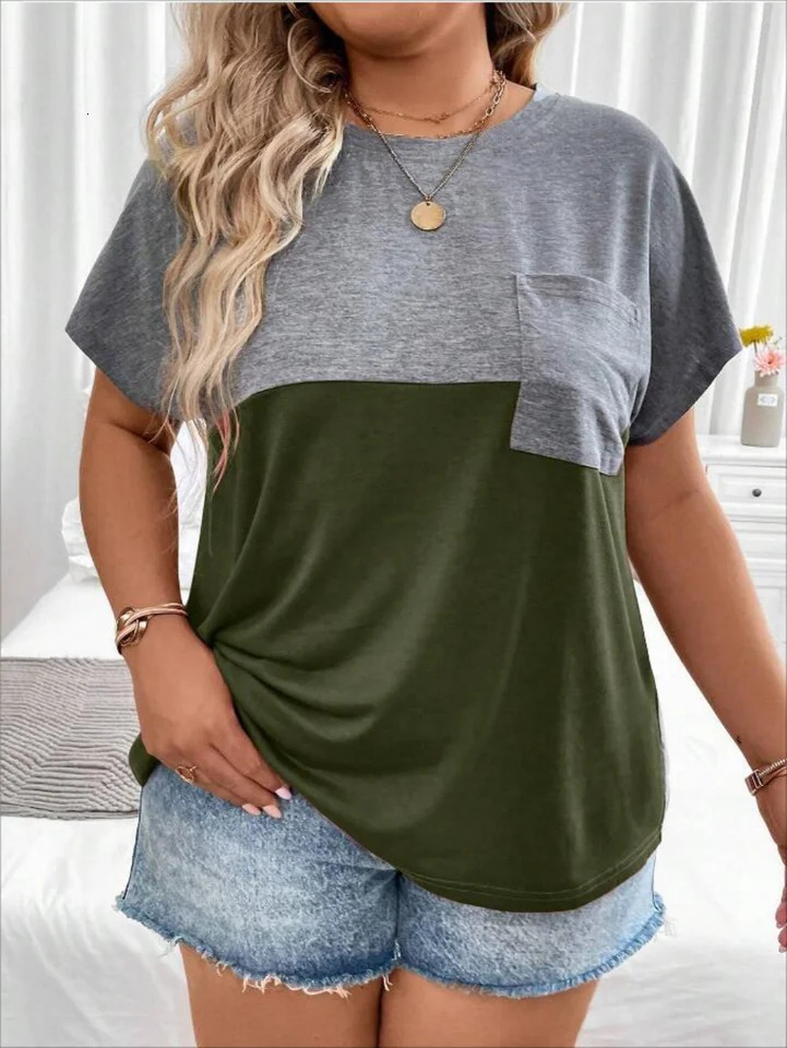 Plus Size European and American Cross Border Womens Loose Short Sleeve Patchwork Pocket Tshirt Top 250514