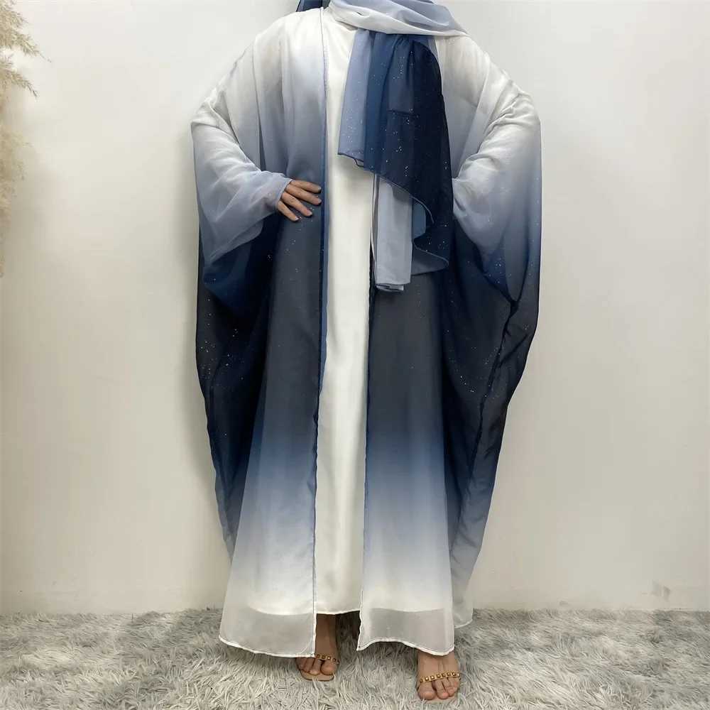 Dubai Luxury Shiny Gradient Color Abaya Open Kimono Muslim Dresses with Scarf Chiffon Modest Robe Khimar Islamic Ka Caftan X250514