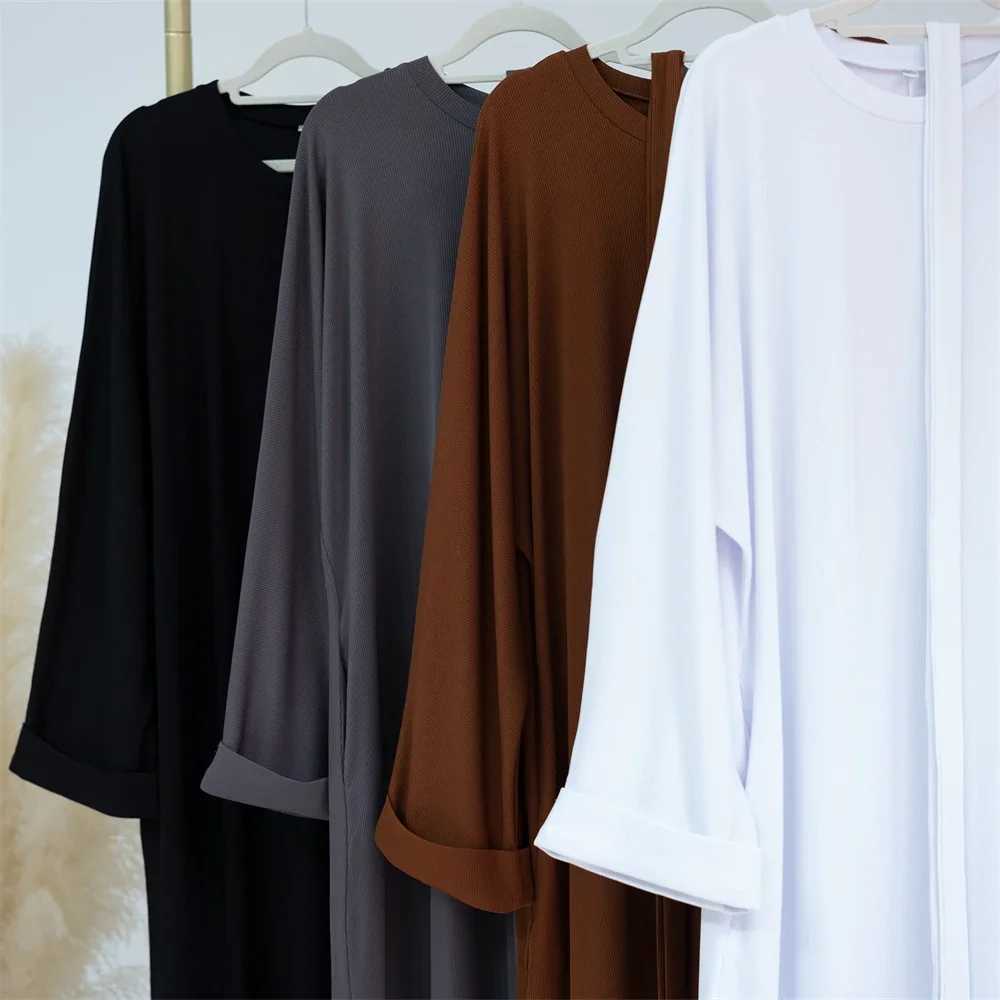 Modest Casual Plain Muslim Women Ribbed O-neck Long Maxi Dress Turkey Dubai Arab Kaftan Femme Abaya Eid Ramadan Jalabiya Caftan X250514