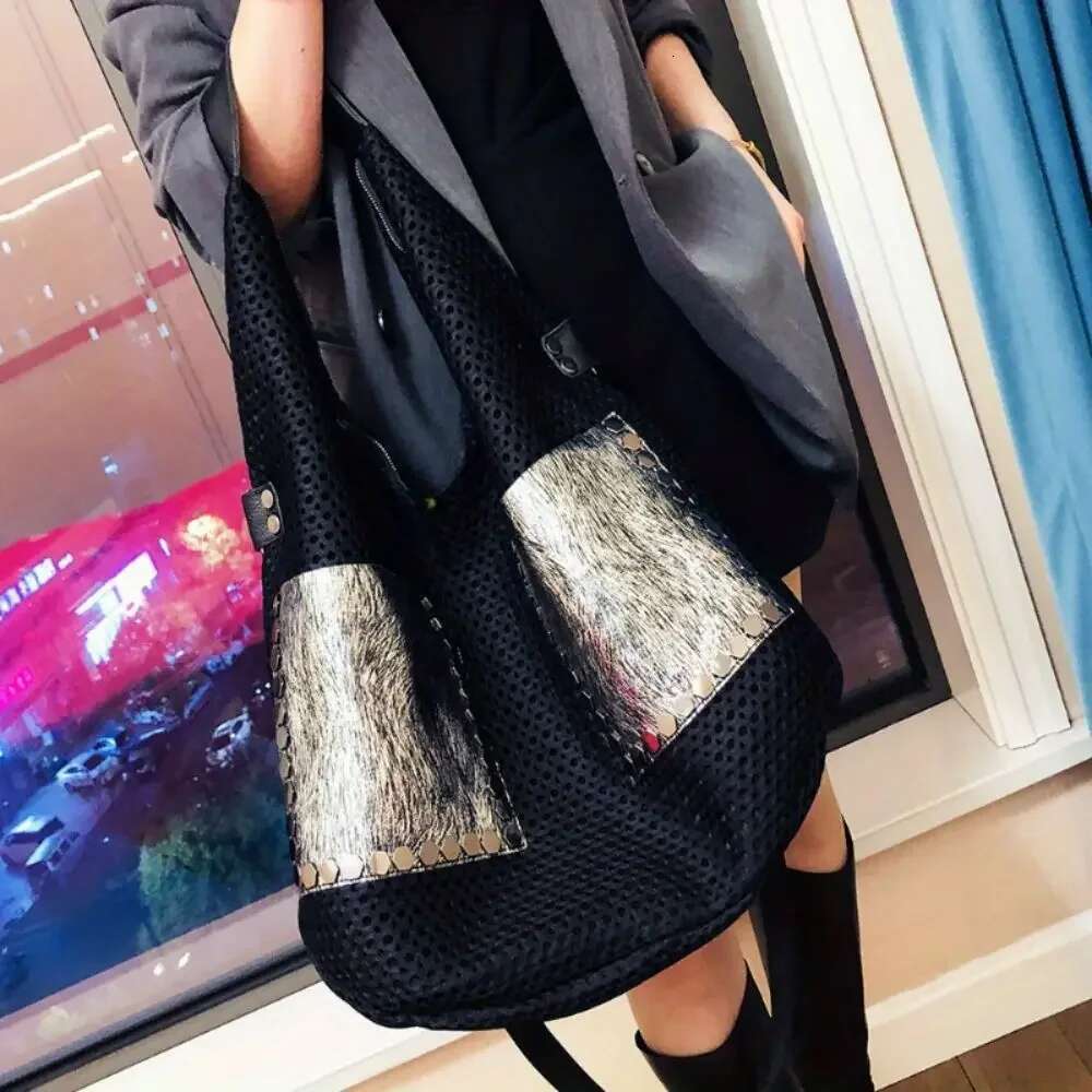 Women's fashionable retro mesh patchwork cowhide tote with large capacity single shoulder crossbody carrying bag