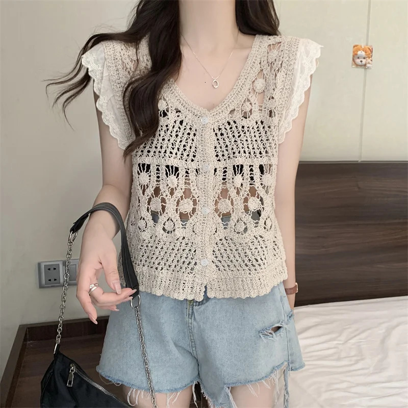 Crochet Top Button Front Blouse Butterfly Sleeve Sheer Openknit Crop Vest Tops Women Teengirl Summer Boho Vacation Outfit 250514