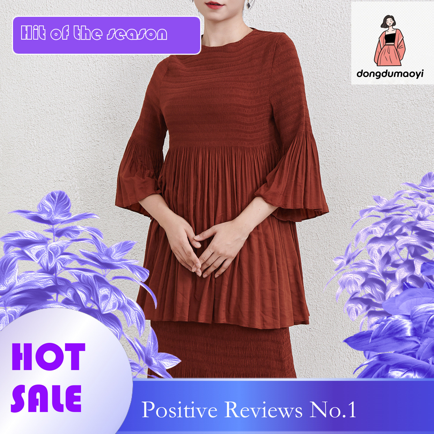 dongdumaoyi Miyake trumpet sleeve round neck pleated T-shirt 2025 spring new large loose medium long style slimming top for women