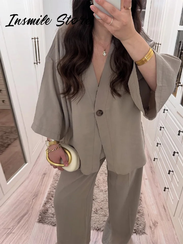 Casual Solid Women Pants Suits V-neck Single Buttons Loose Top Wide Leg Trousers 2025 Spring Summer Fashion Female Sets 250513