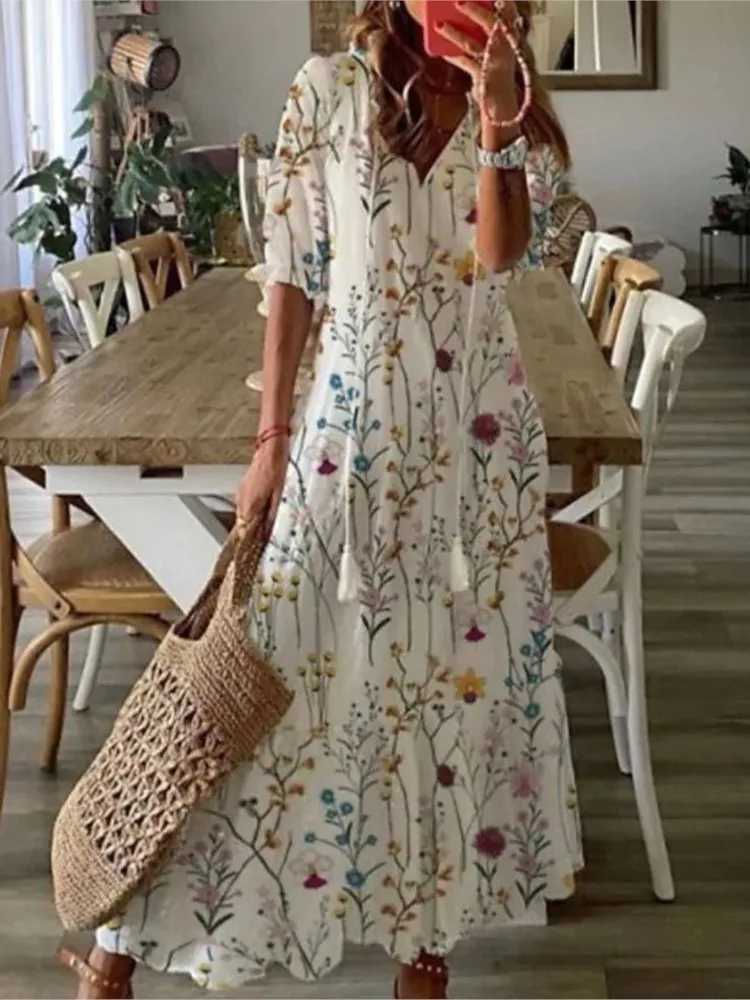 Spring Summer New Long Dress Sexy V-neck Drawstring Printed Long-sleeved Dress Casual Loose Fashionable Elegant DressXJ250514
