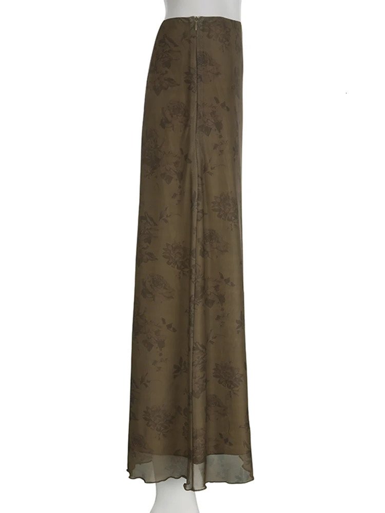 IAMSURE Vintage Floral ALine Mesh Skirt Casual Slim See Through MidWaisted Maxi Skirts Women Autumn Spring Fashion Ladies 250514