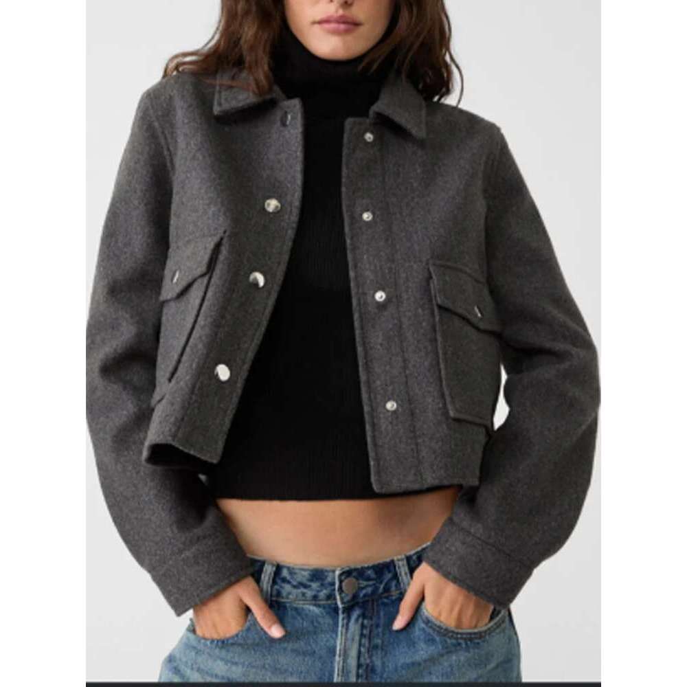 New women's clothing European and American style fashionable simple versatile double pocket short woolen jacket