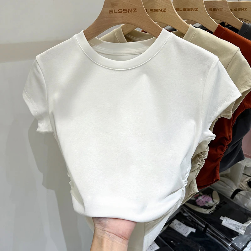 AOSSVIAO Harajuku Women Crew Neck Short Sleeve Cotton Slim Fashion Tee with Ruched Sides Detail Tshirts 250514