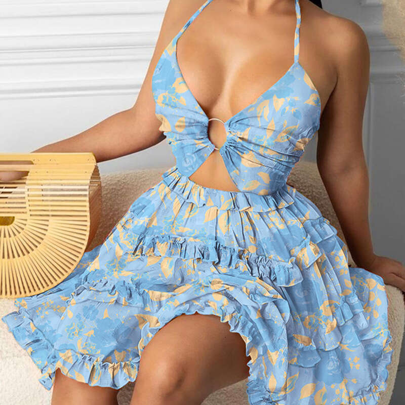 Skirt Birthday Dress Festival Womens 2025 Hollow Strap V-neck Temperament Hanging Neck Printed Suspender Dress