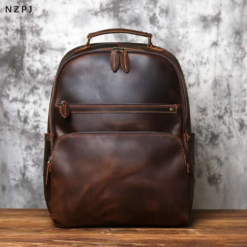 NZPJ Retro Genuine Men's Large Capacity Head Layer Backpack Casual Crazy Horse Leather Laptop Bag
