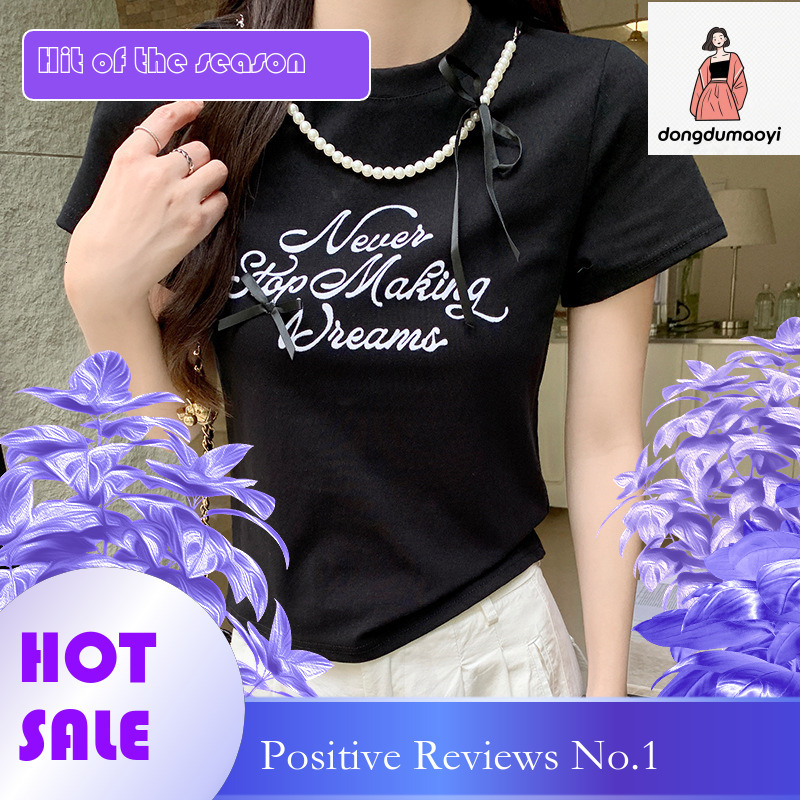 dongdumaoyi Black round neck shoulder T-shirt for women's summer 2025 new half sleeved bow short style slim fit and slimming top