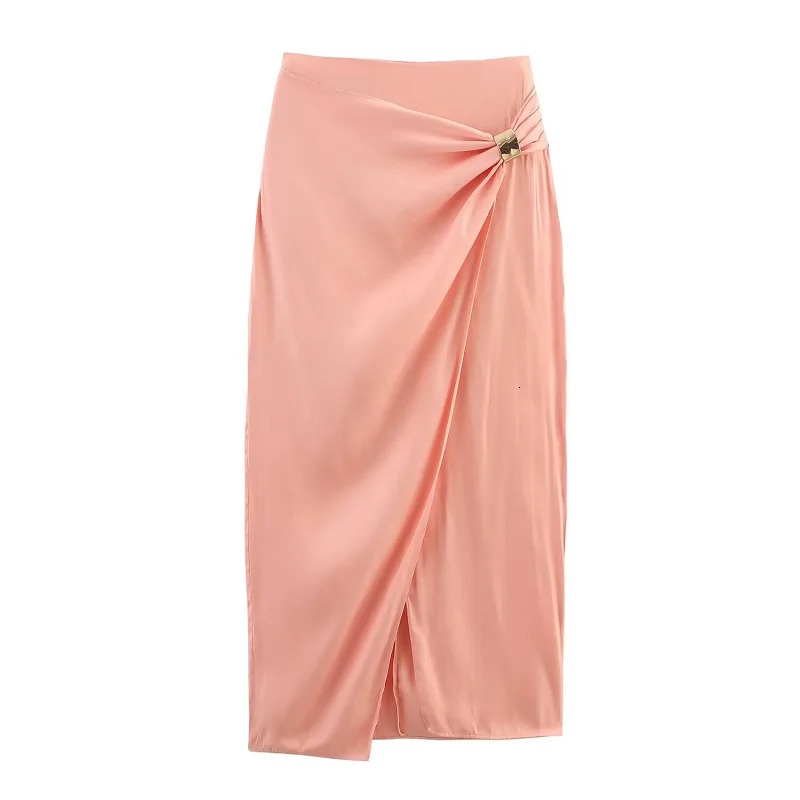 TRAF Pink Pleated Skirt Set 2 Piece Woman Satin High Waist Midi Women Backless Halter Crop Top Female Beach Womens Skirts 250514