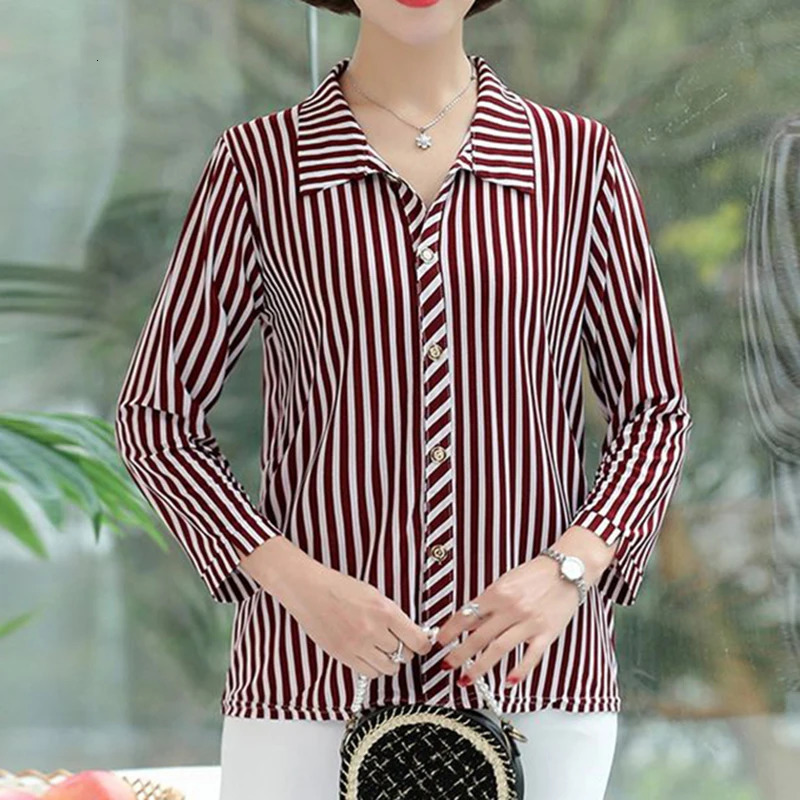Plus Size Seethrough Striped Single Breasted Top Shirt And Blouse Women Clothes Three Quarter Sleeved Fashion Thin Casual Trend 250514