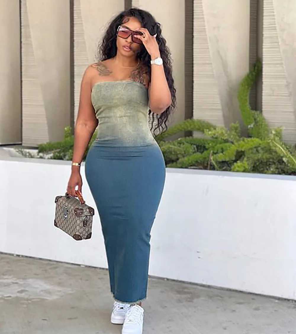 Summer Gradient Womens Denim Dress Fashion Corset Sleeveless Sexy Backless Slim Womens Slit Long Dresses Stretch Jeans DressXJ250514
