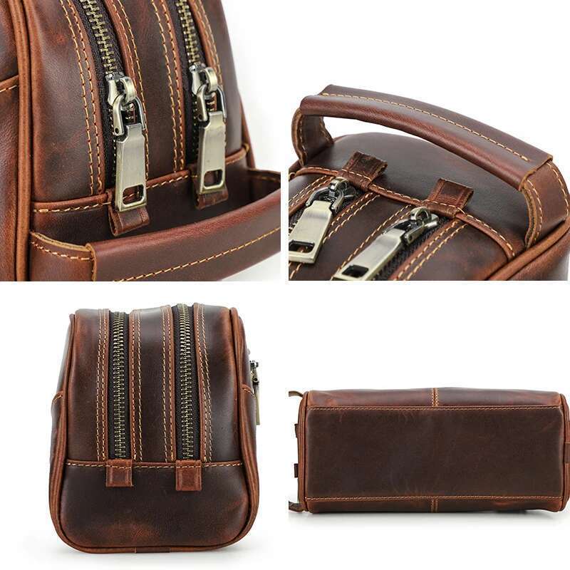 Crazy Horse Genuine Travel Makeup Bag Men's Vintage Leather Cosmetic Cases Brand Washing Storage Toiletry Bags