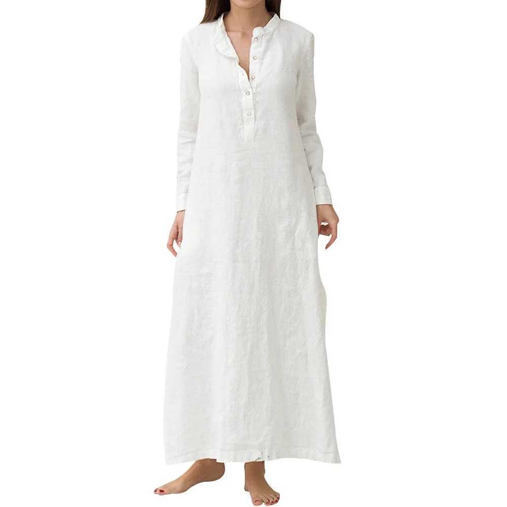 Simple Style Cotton Linen Long Sleeved Solid Color Casual Maxi Long Shirt Fashion Retro Loose Button Pullover Dress With PocketsXJ250514