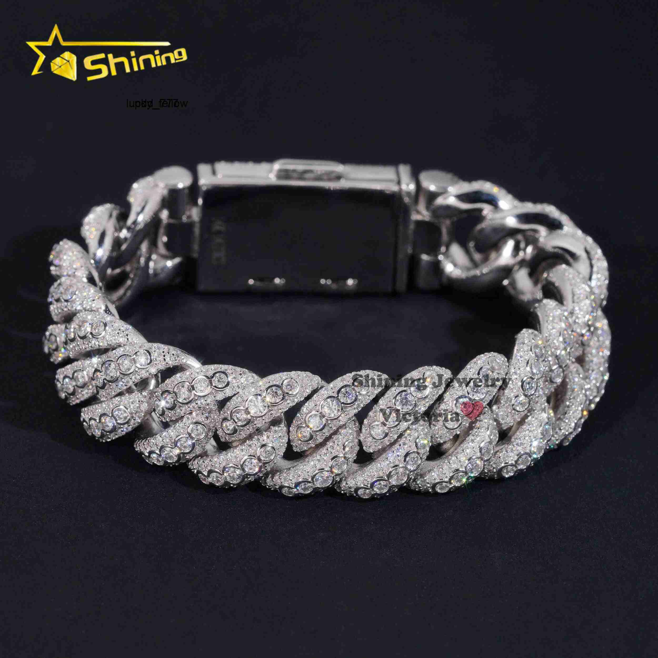 Iced Out Jewelry 15MM 925 Sterling Silver GRA Certificate Diamond Moissanite Cuban Link Chain Bezel Setting Cuban Bracelet