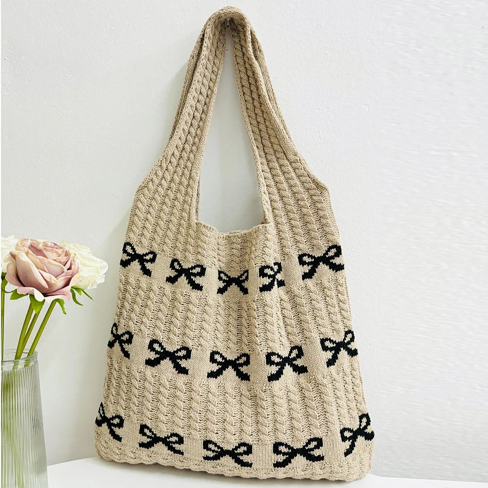 Womens Bow Shoulder Bag Raffia Aesthetics Crochet Handbag Purses Knitted Shopping Summer Beach Ladies Woven Tote Bags 250514