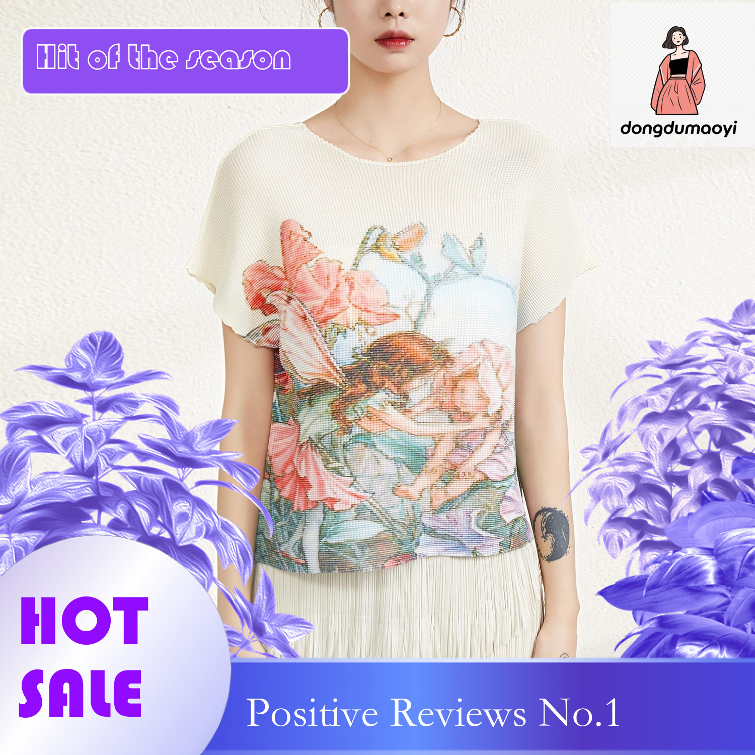 dongdumaoyi Miyake summer new loose plus size slimming T-shirt printed base shirt versatile pleated short sleeved round neck top for women